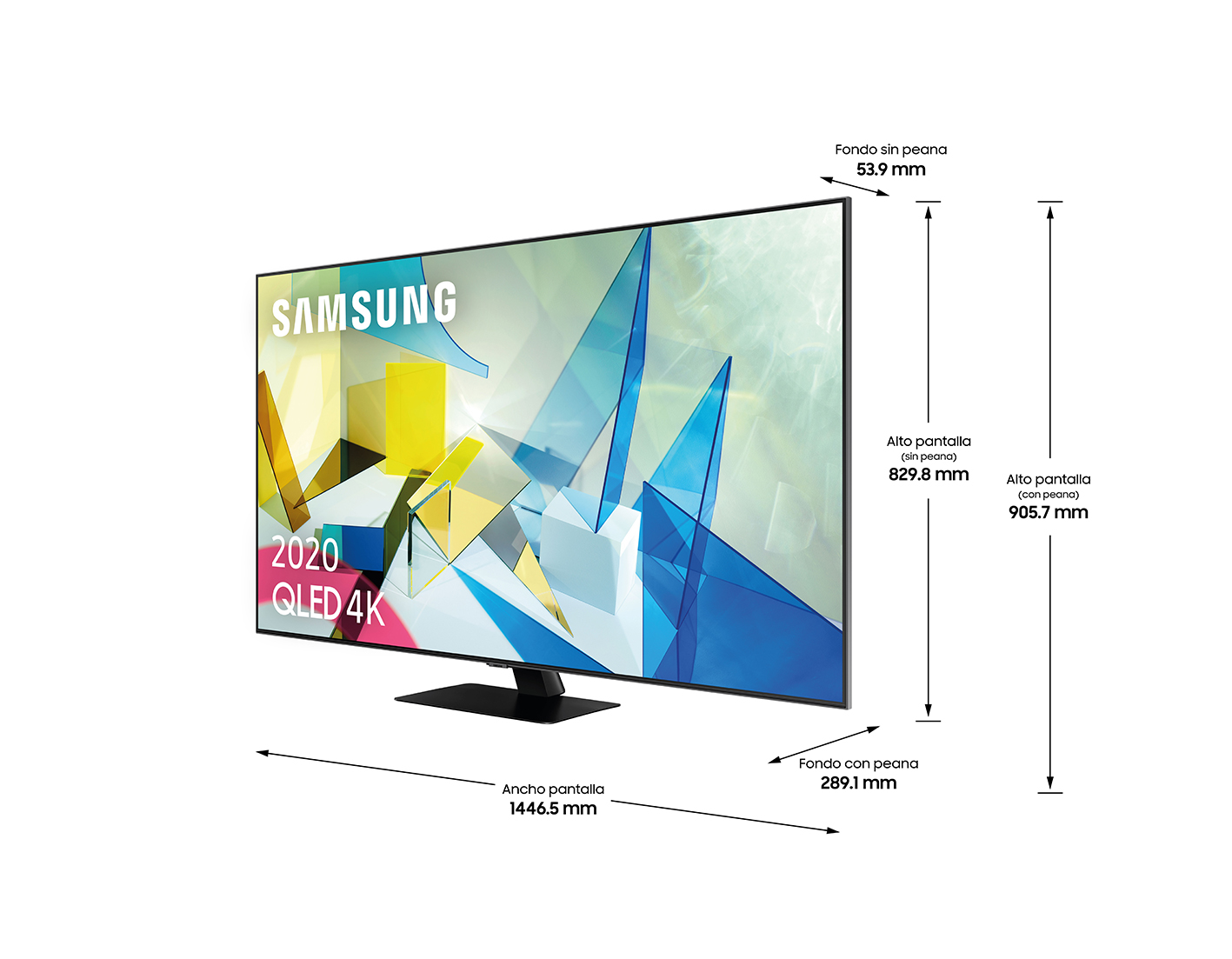 Televisor Samsung QLED 4K con dimensiones etiquetadas. Muestra una imagen abstracta colorida.