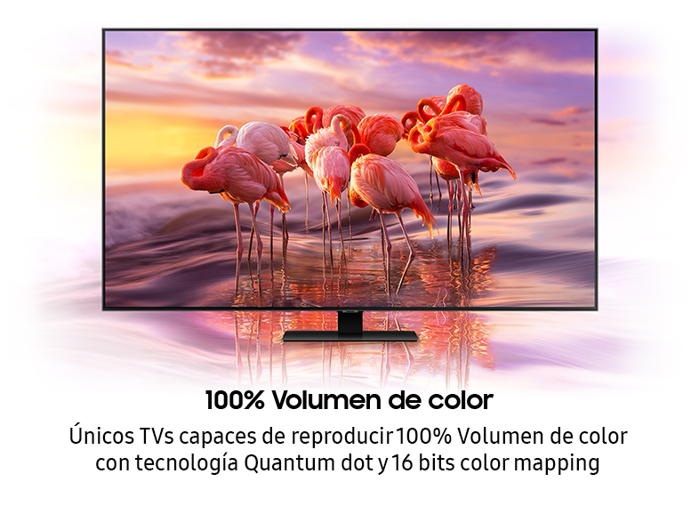 Un televisor que muestra una imagen colorida de flamencos con texto: 100% volumen de color.