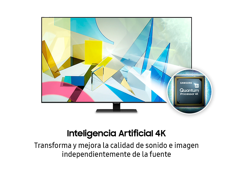 Una pantalla de TV Samsung que muestra formas coloridas, con un icono de Quantum Processor 4K.