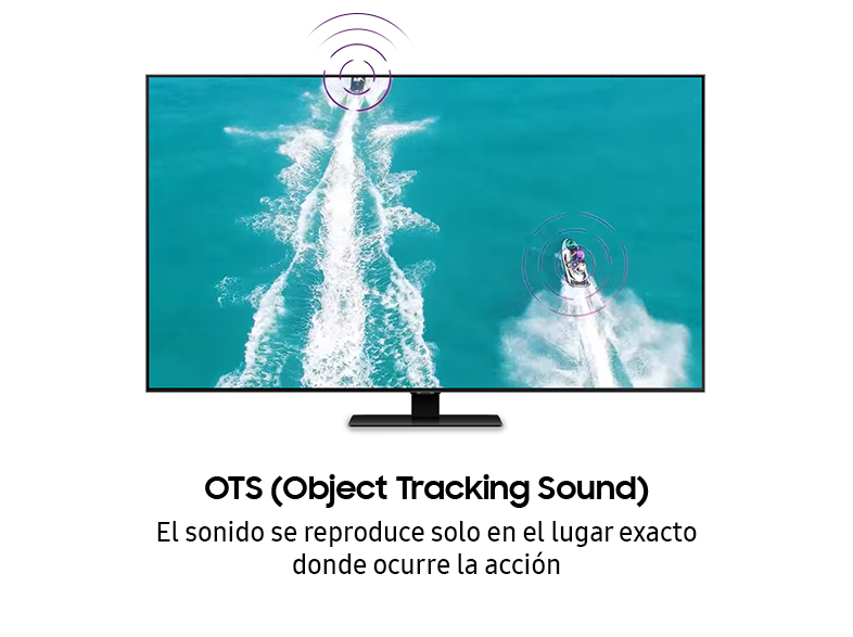 Pantalla de TV con motos acuáticas en el agua. Gráfico muestra la ubicación del sonido. Texto: OTS.