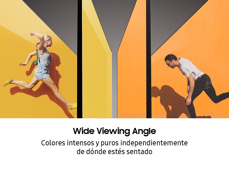 Personas frente a paredes amarillas y naranjas, con texto sobre amplio ángulo de visión.