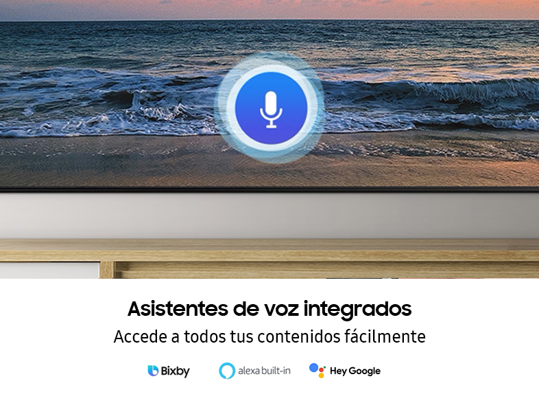 Pantalla de TV con escena de playa, icono de asistente de voz, texto sobre asistentes.