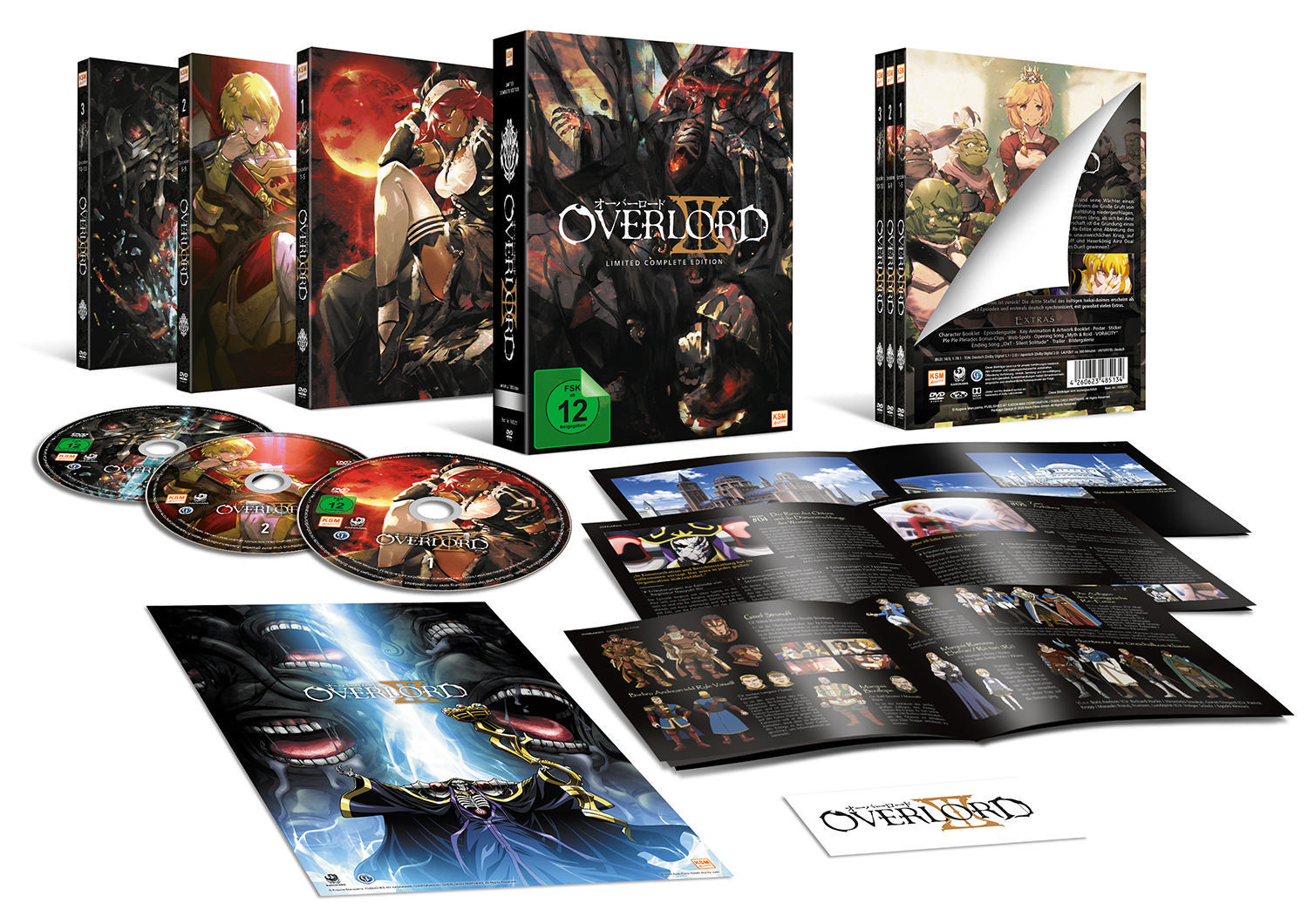 Overlord DVD-Box-Set mit mehreren Discs, Broschüren und Kunstwerken. Die Box zeigt Charakterillustrationen und den Titel 'Overlord'.