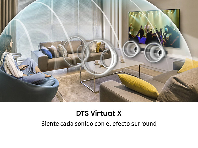 Salón con gráficos de ondas sonoras, texto sobre DTS Virtual:X.