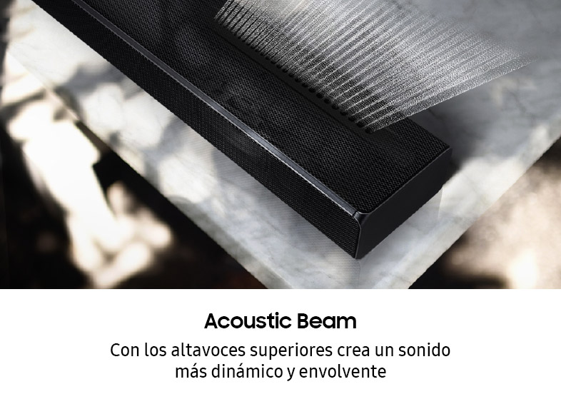Barra de sonido negra sobre una superficie de mármol con las palabras 'Acoustic Beam' y explicación.