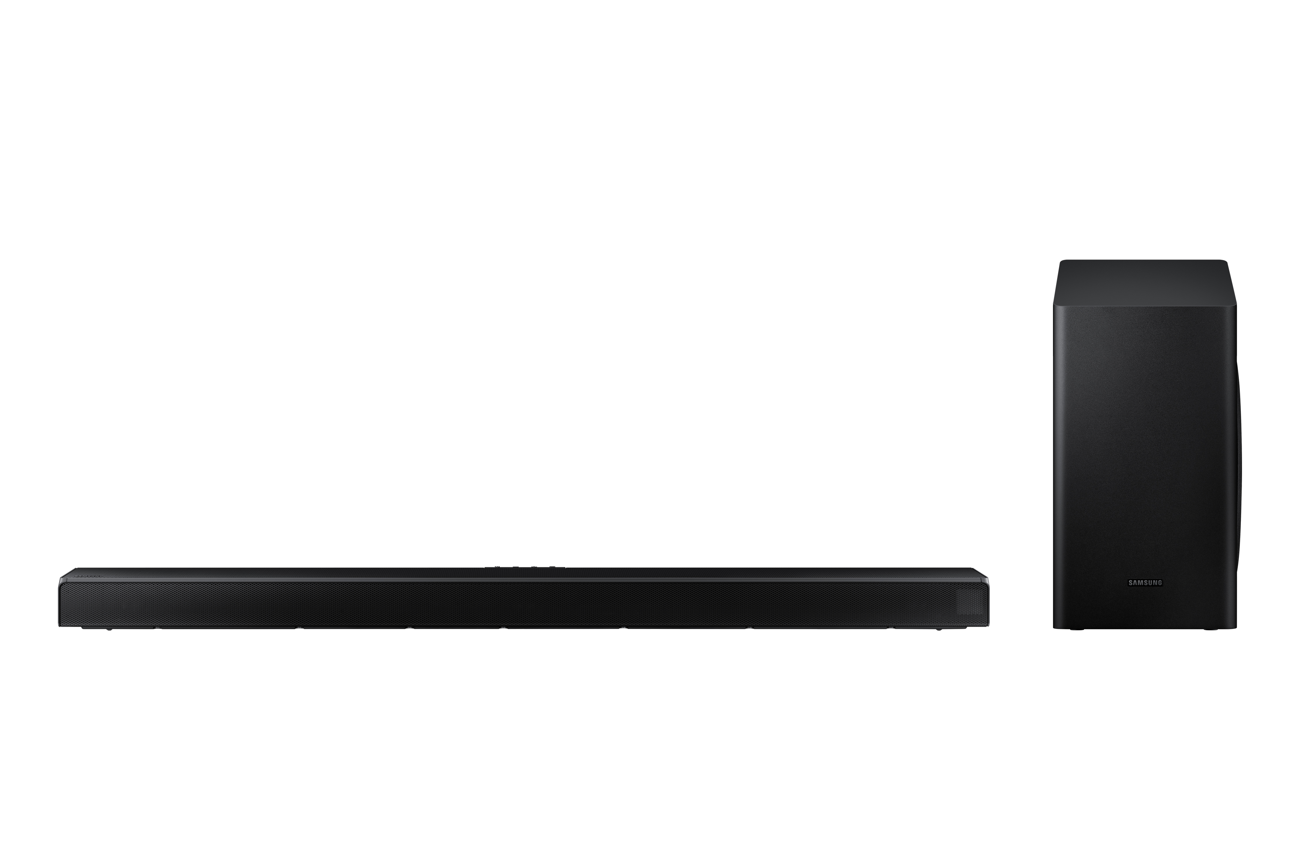 Barra de sonido negra y subwoofer sobre fondo blanco.