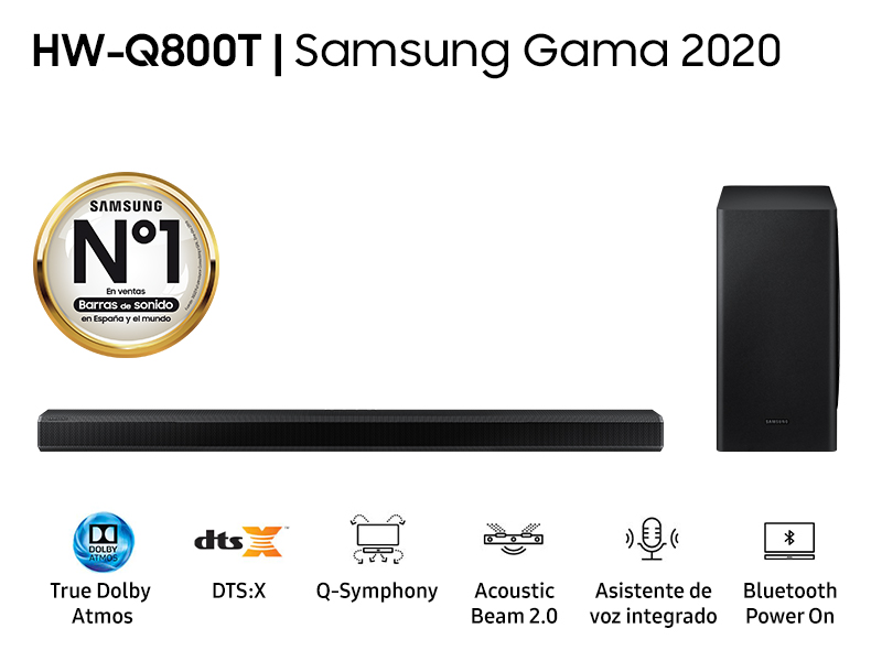 Barra de sonido negra y subwoofer con logos Dolby Atmos, DTS:X, etc.