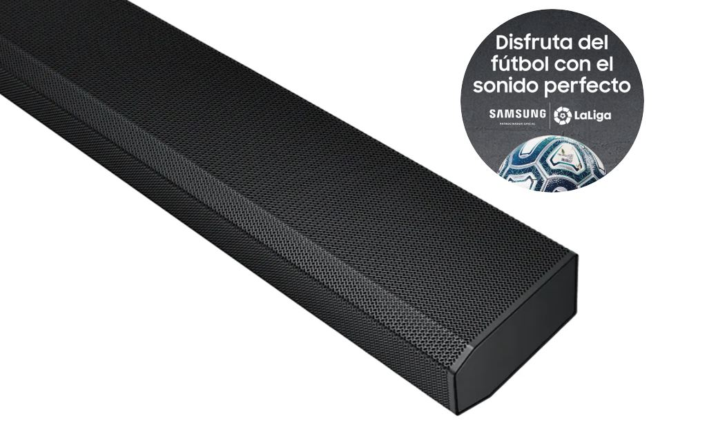 Una barra de sonido negra con una pelota blanca con el logotipo de fútbol.