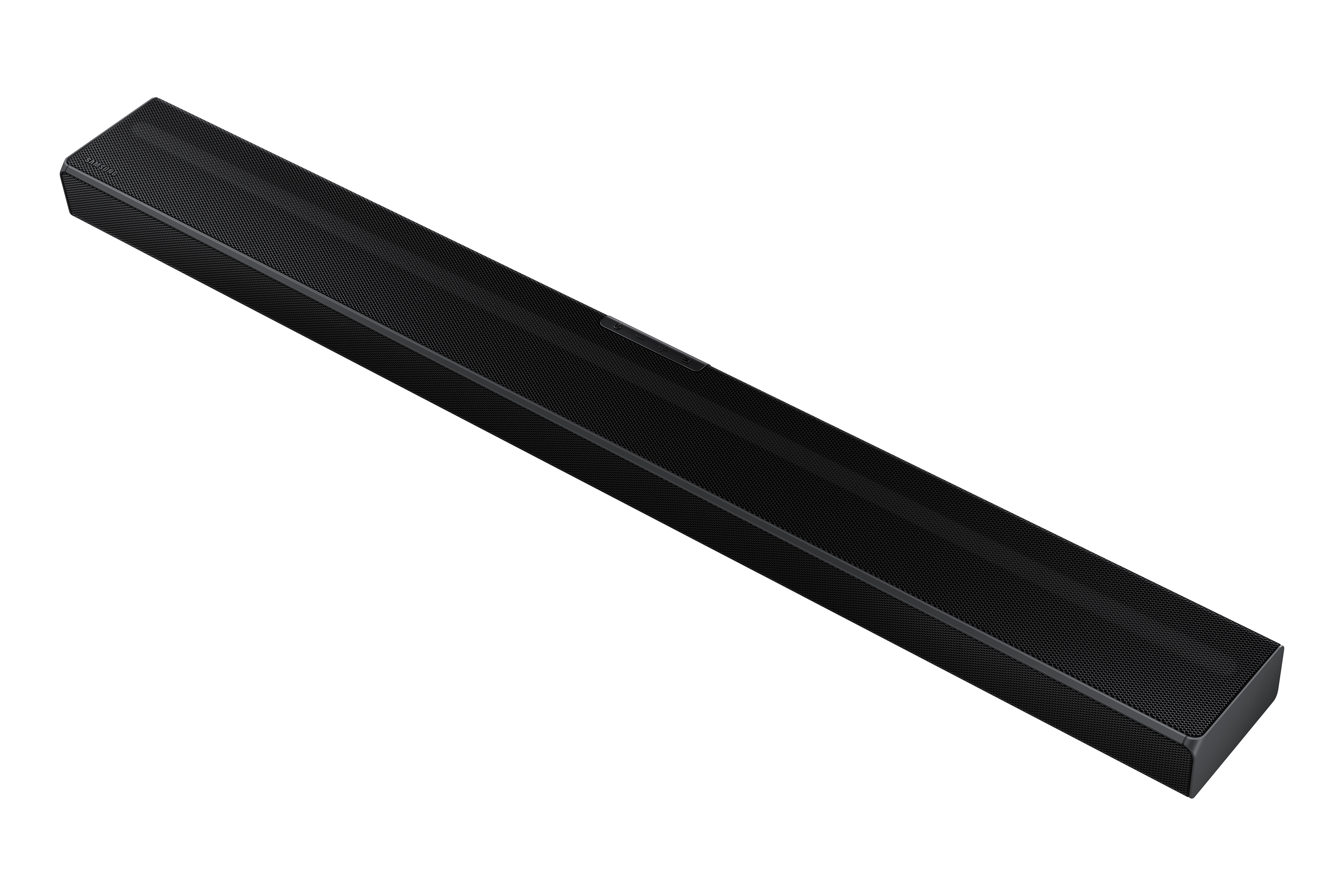 Barra de sonido negra. Larga, rectangular, con superficie texturizada. Fondo blanco.