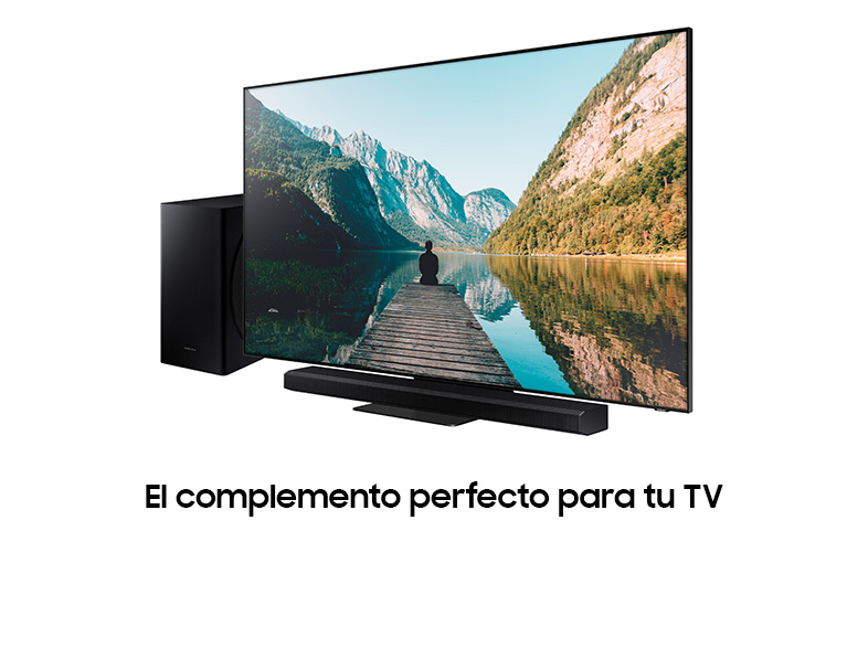 Un televisor y una barra de sonido con el texto "El complemento perfecto para tu TV".