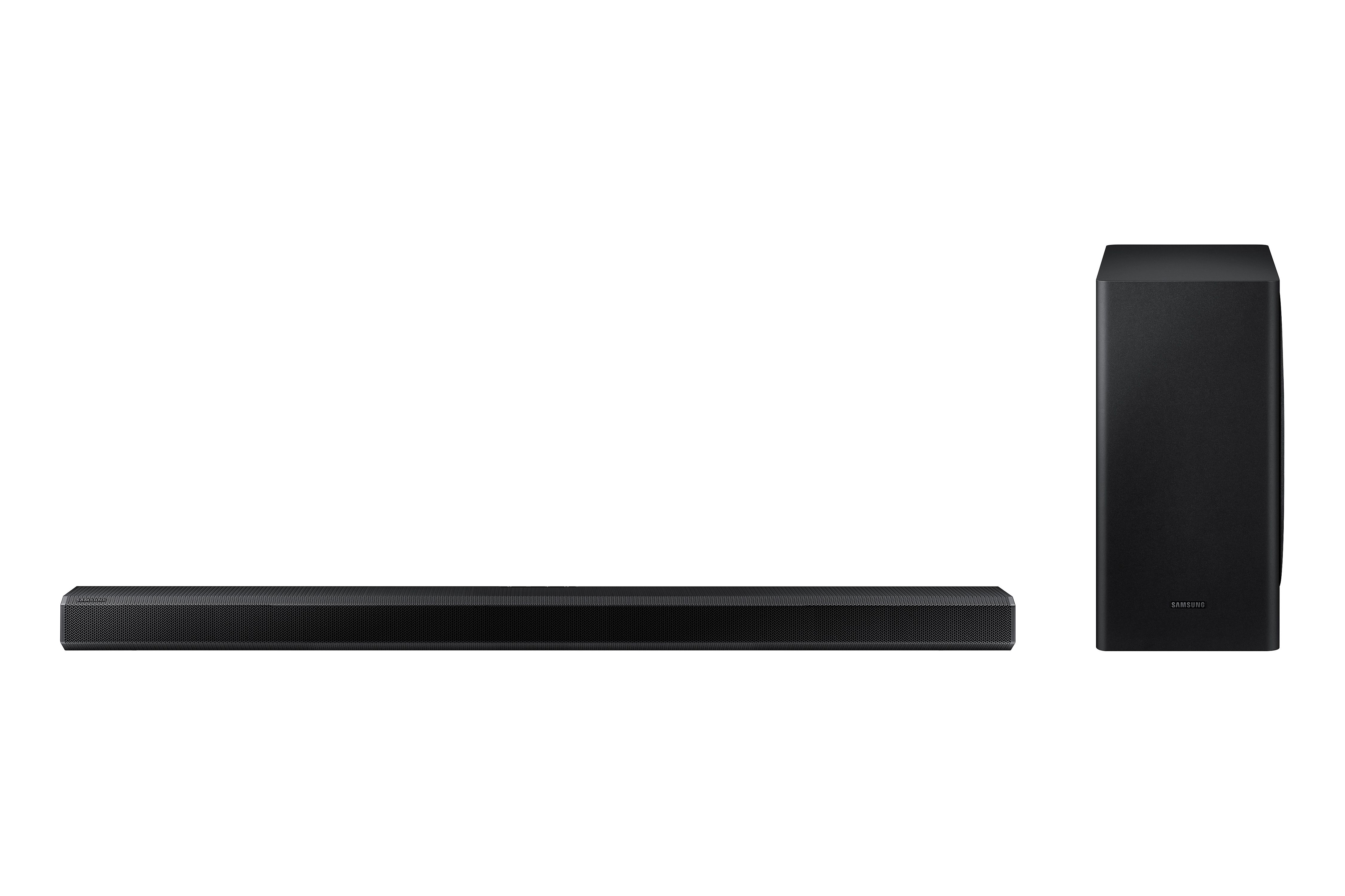 Una barra de sonido negra con un subwoofer sobre un fondo blanco.