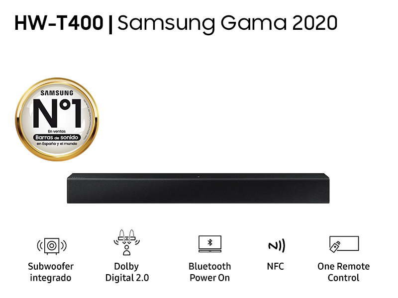 Una barra de sonido negra con iconos debajo, incluyendo subwoofer, Dolby Digital, Bluetooth, NFC y mando a distancia.