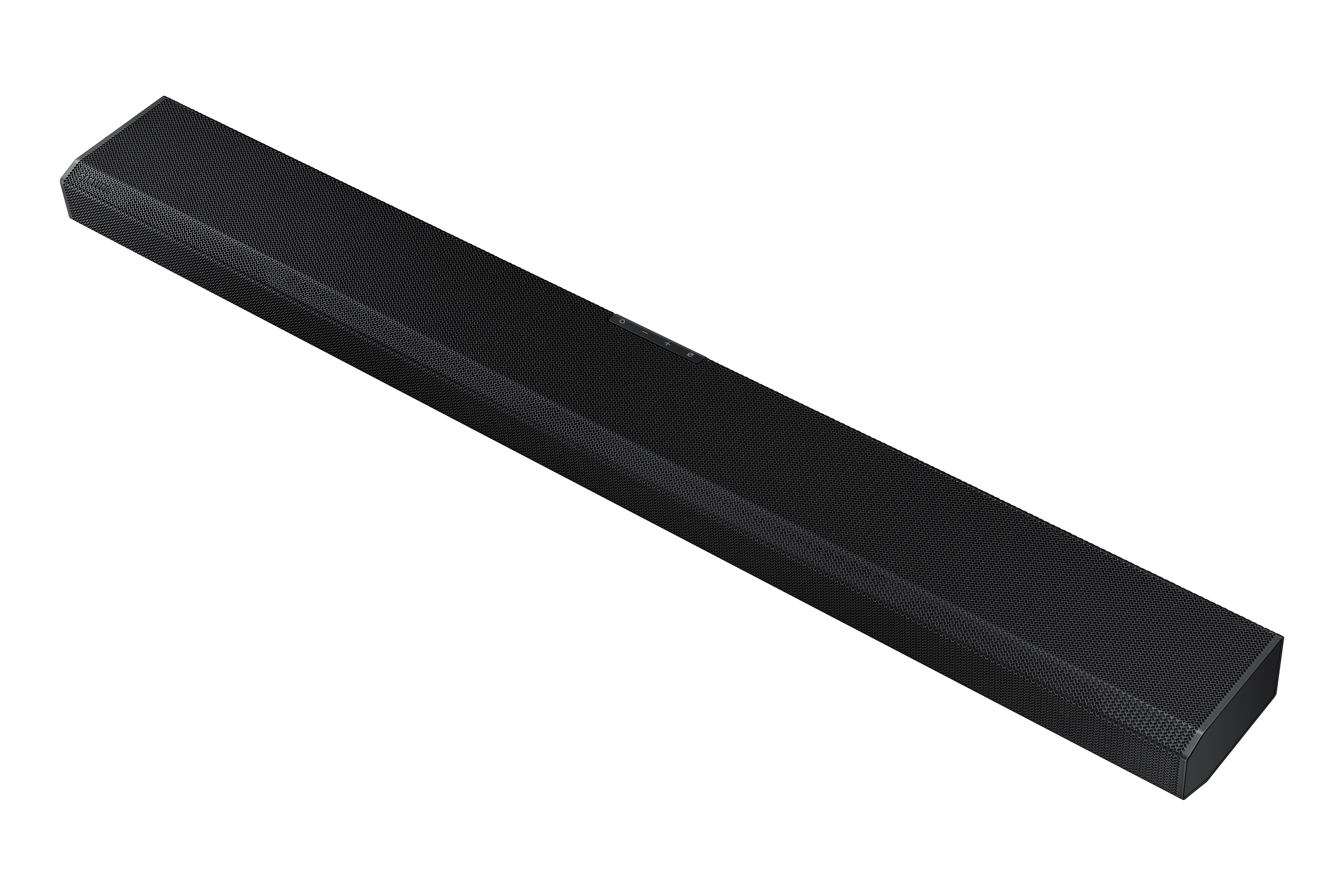 Una barra de sonido larga y negra con una parte frontal de malla, en ángulo sobre un fondo blanco. Tiene una forma rectangular aerodinámica.