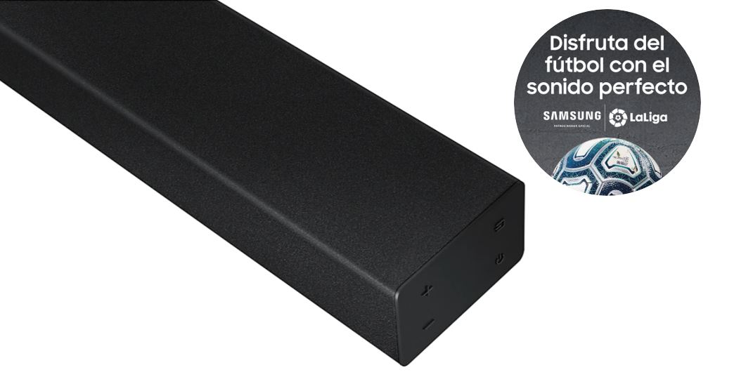 Barra de sonido negra con botones, con un anuncio y logotipo de fútbol.