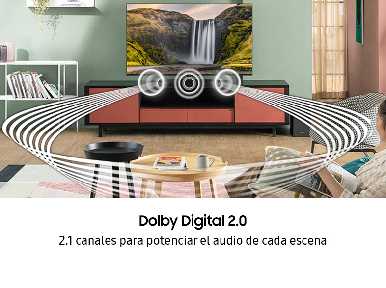 Un televisor grande que muestra una escena de cascada. Las ondas de sonido y los altavoces apuntan hacia el espectador.