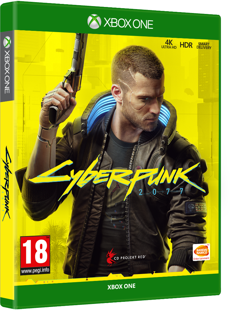 Caja del juego Cyberpunk 2077. Hombre con pistola, fondo amarillo. Logotipo de Xbox One arriba.
