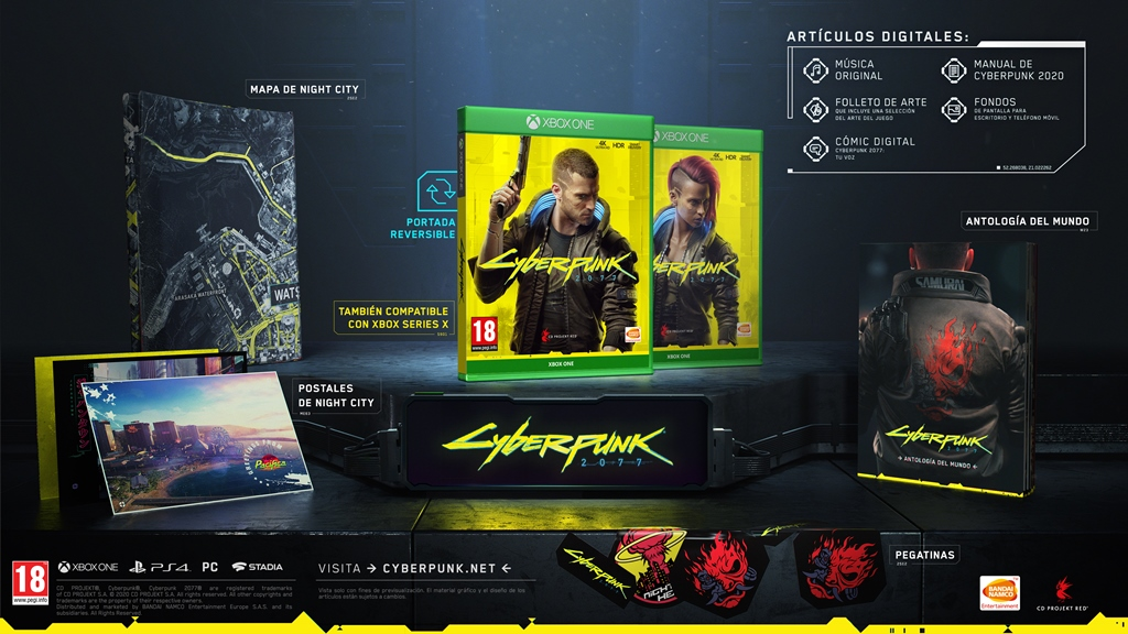 Cajas del juego Cyberpunk 2077, mapa, postales y pegatinas. Escenario oscuro con el logo del juego.