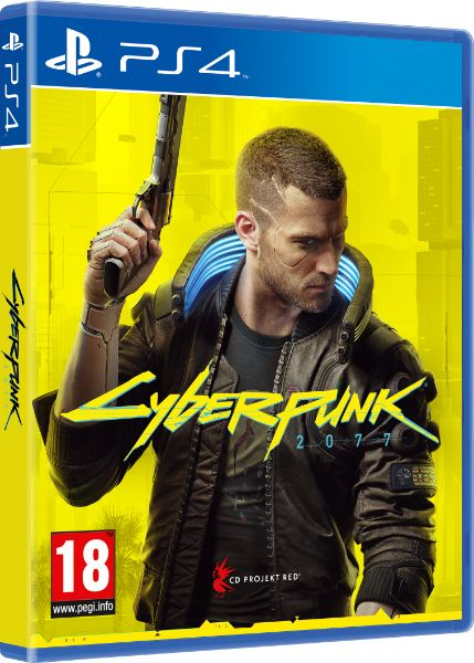 Caja del juego Cyberpunk 2077 para PS4 con diseño amarillo y azul.