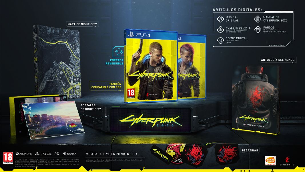 Exhibición del juego Cyberpunk 2077, con cajas de juego, mapa, postales y pegatinas.