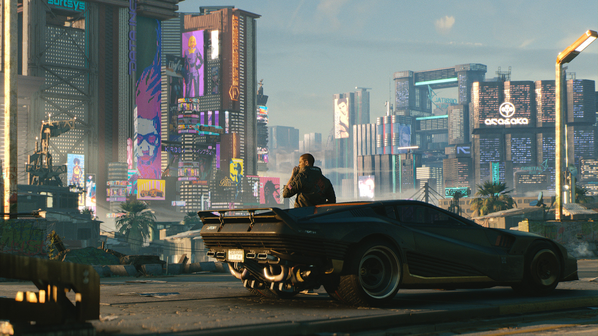 Una escena de la ciudad cyberpunk con un coche negro en primer plano y edificios altos en el fondo.