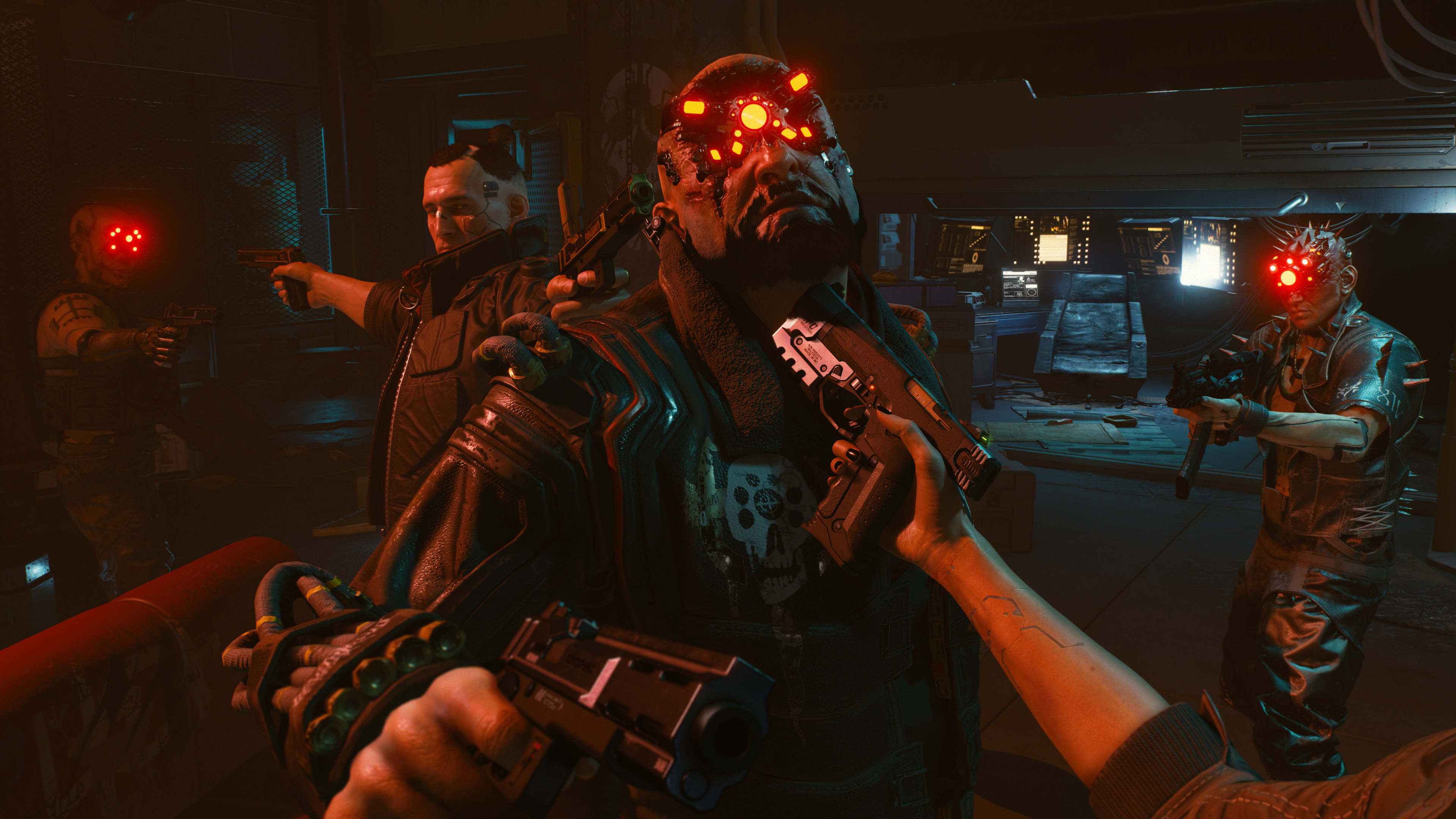 Escena de videojuego con hombres armados apuntando armas a otra persona.
