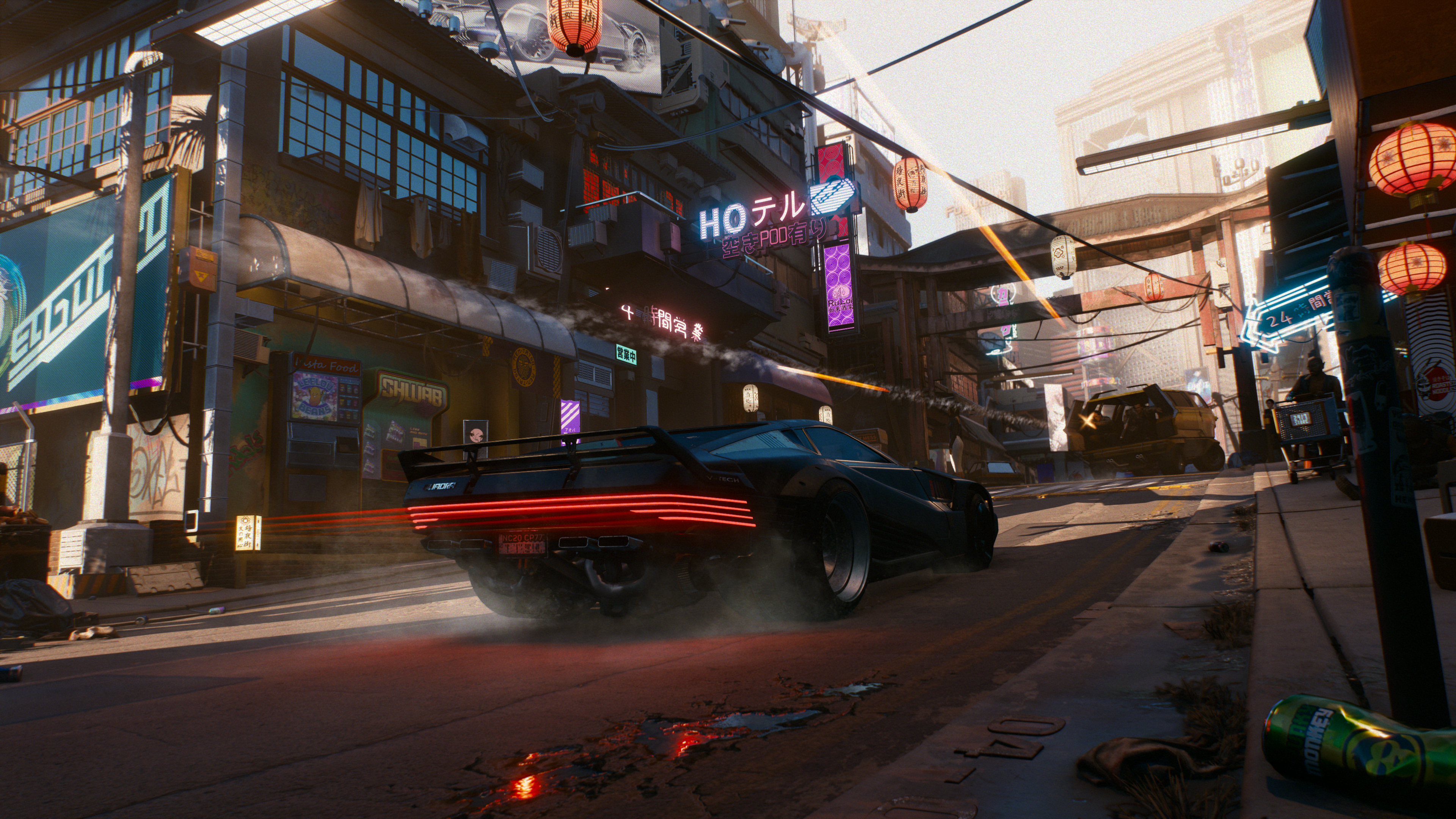 Una escena callejera futurista con un coche, letreros de neón y edificios al fondo.