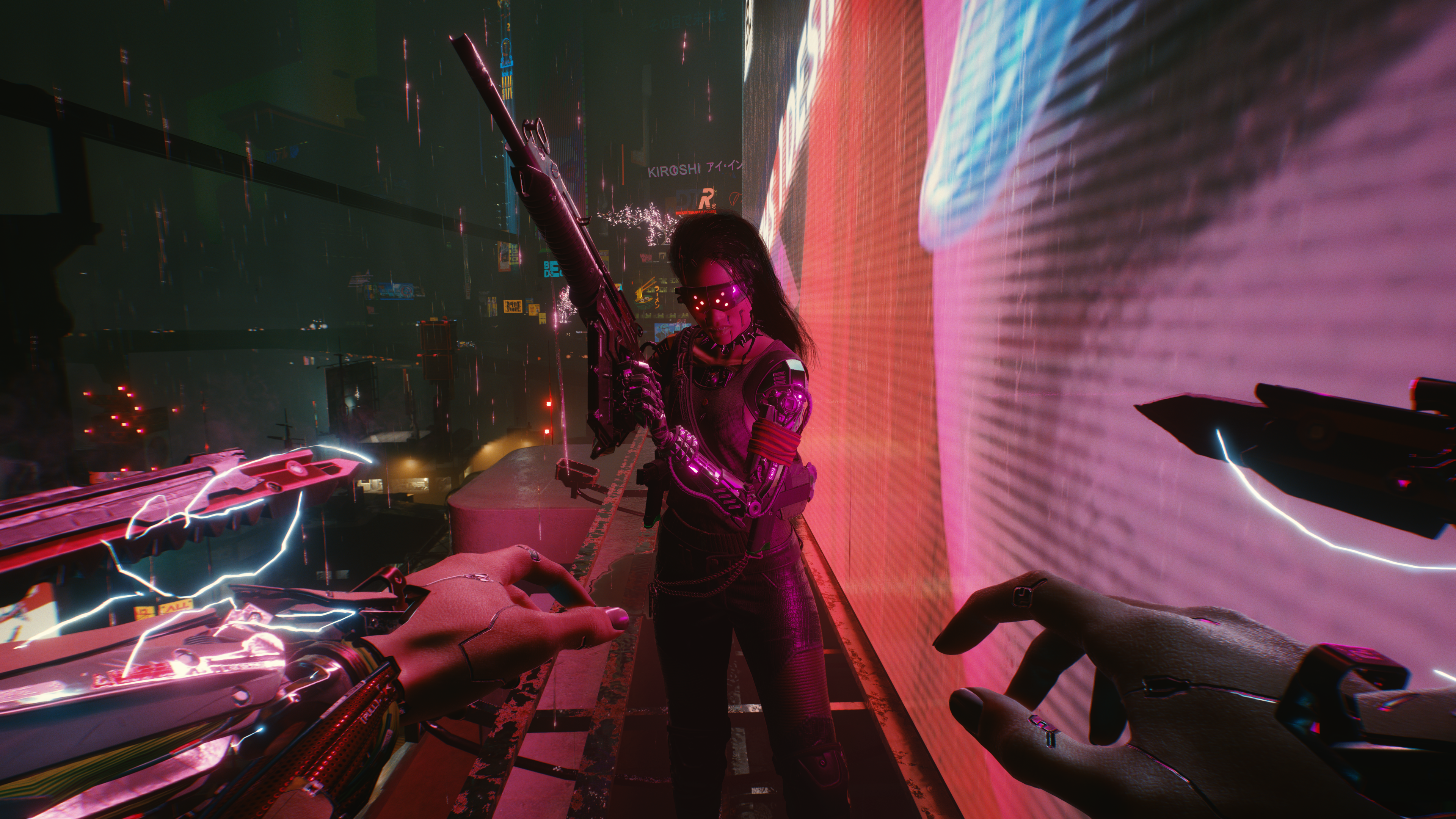 Mujer con rifle en ciudad futurista, lluvia, luces de neón y fondo borroso.