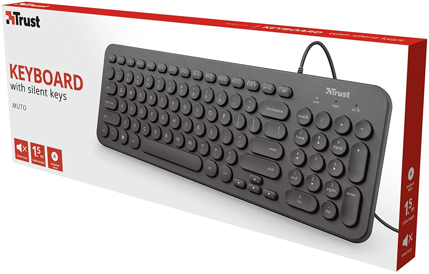 Teclado - TRUST Muto, Silencioso, USB 2.0, 12 Teclas función multimedia, Negro