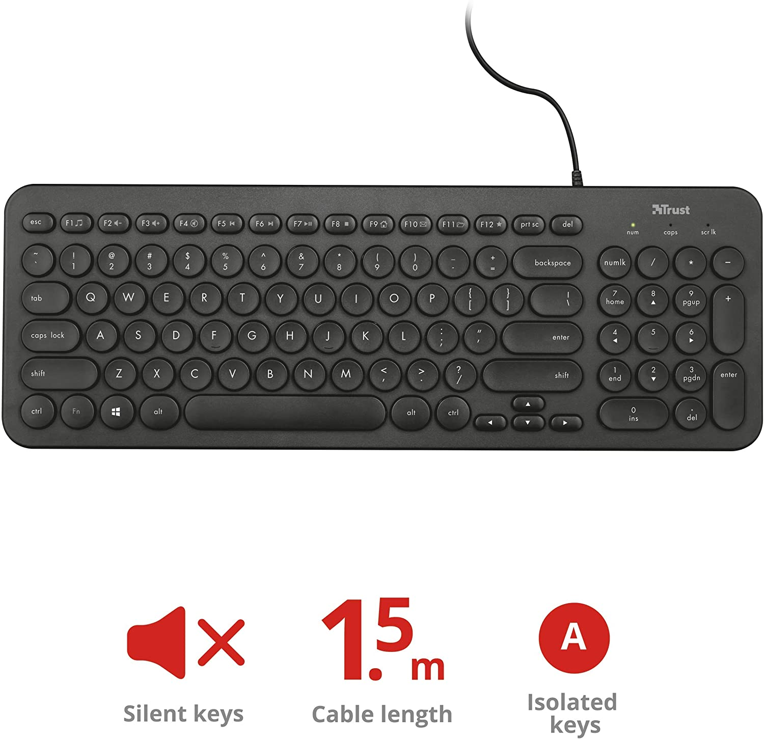 Teclado - TRUST Muto, Silencioso, USB 2.0, 12 Teclas función multimedia, Negro