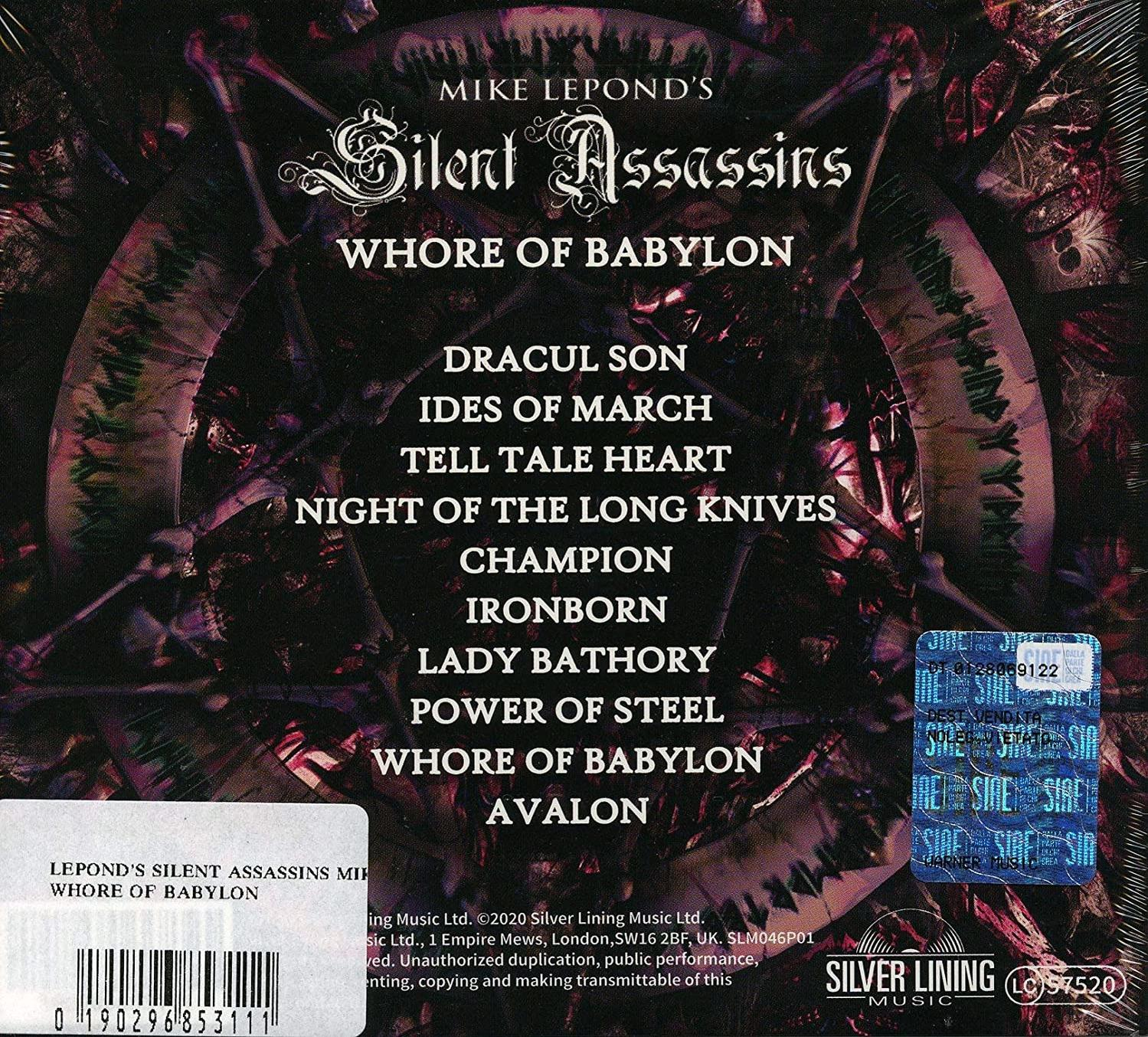 CD-Hülle mit Text: Mike Lepond's Silent Assassins, Whore of Babylon. Andere Songtitel sind aufgelistet.