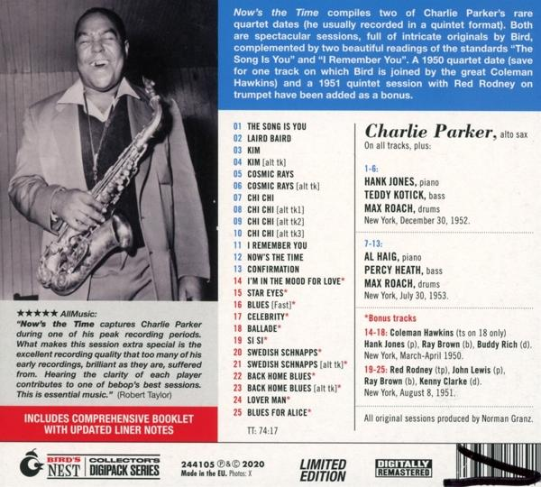 CD hátulja. Charlie Parker szaxofonnal, szöveg a felvételekről, dalok és zenészek listája.