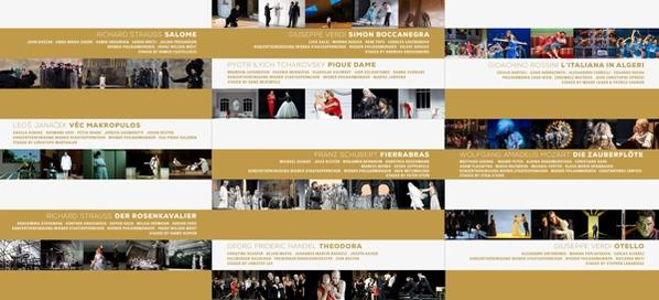 Plakat mit Operntiteln: Salome, Simon Boccanegra, Pique Dame, L'italiana in Algeri, Vec Makropulos, Fierrabras, Die Zauberflöte, Theodora und Otello.
