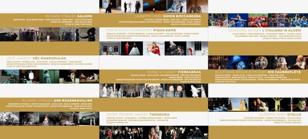 Eine Collage von Opernplakaten, darunter Titel wie Salome, Pique Dame und Theodora, jeweils mit Bildern aus den Produktionen.