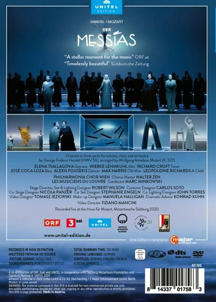 DVD-Cover für die Oper 'Der Messias', mit Interpreten- und Bühnenbildinformationen.