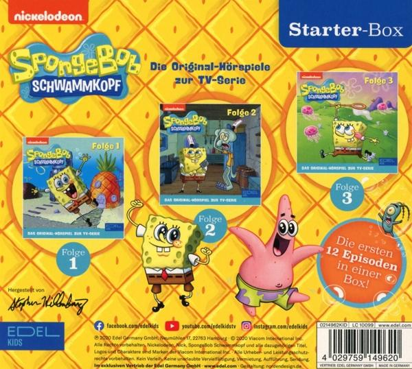 Spongebob DVD-Box-Set mit drei DVDs. Die Box zeigt Spongebob und Patrick. Die Box ist blau und gelb.