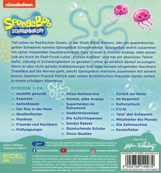 Rückseite der Spongebob Schwammkopf DVD. Gelbe Figur, Text und Episodenlisten werden angezeigt.