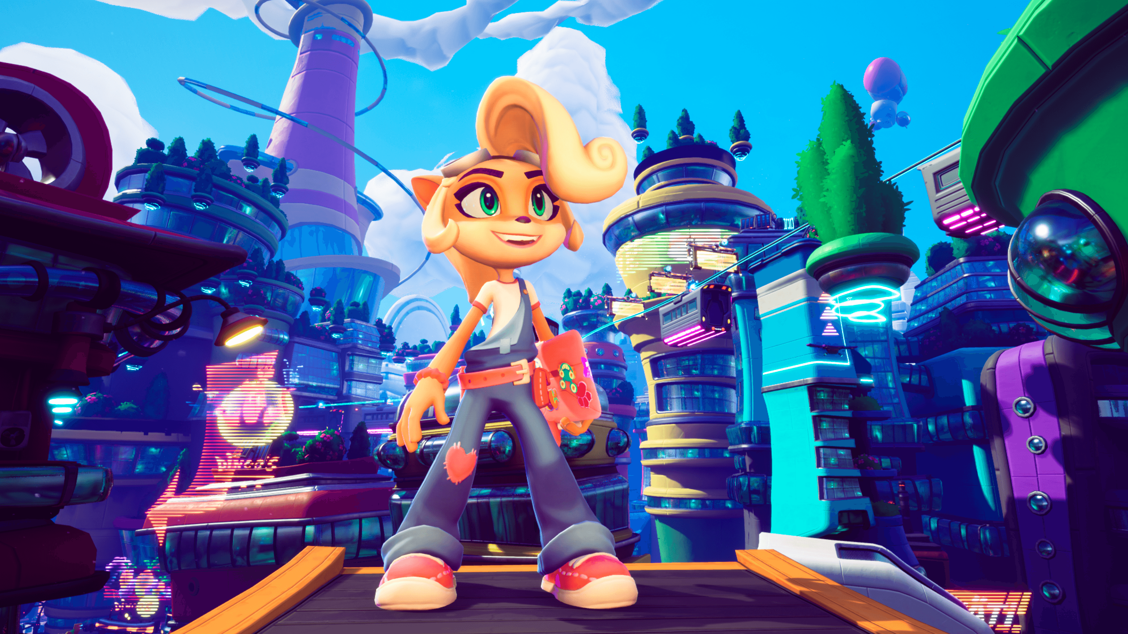 Coco Bandicoot, eine Zeichentrickfigur, steht in einer futuristischen Stadt mit bunten Gebäuden und einem Zug.