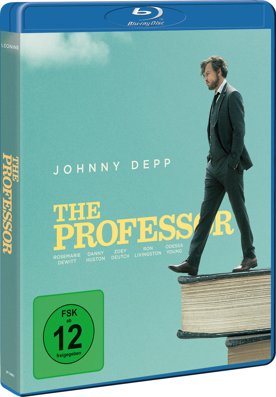 Blu-ray-Hülle mit Johnny Depp. Er steht auf Büchern. Grüner und blauer Hintergrund.