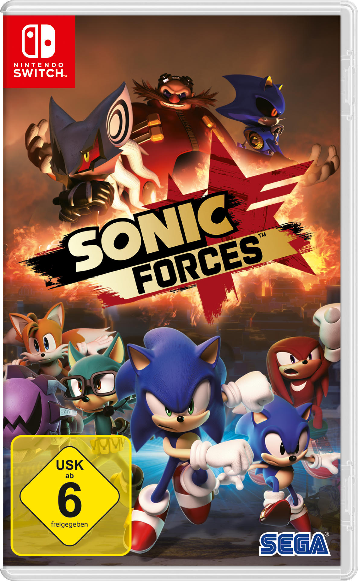 Spielcover, Sonic Forces. Sonic und andere Charaktere sind zu sehen.