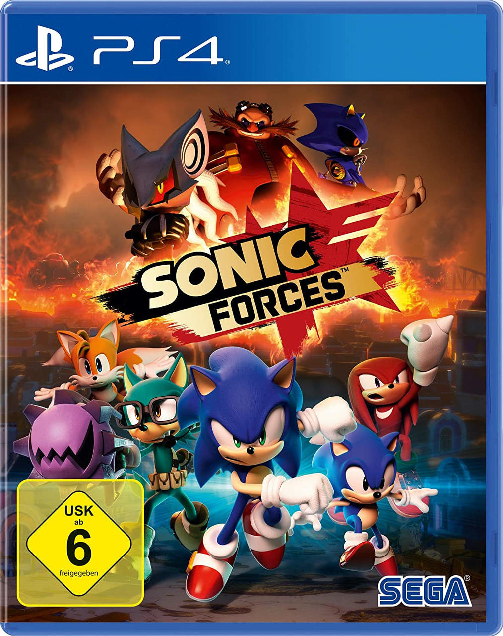 Spiel-Cover: Sonic und Freunde kämpfen. Der Titel lautet Sonic Forces.