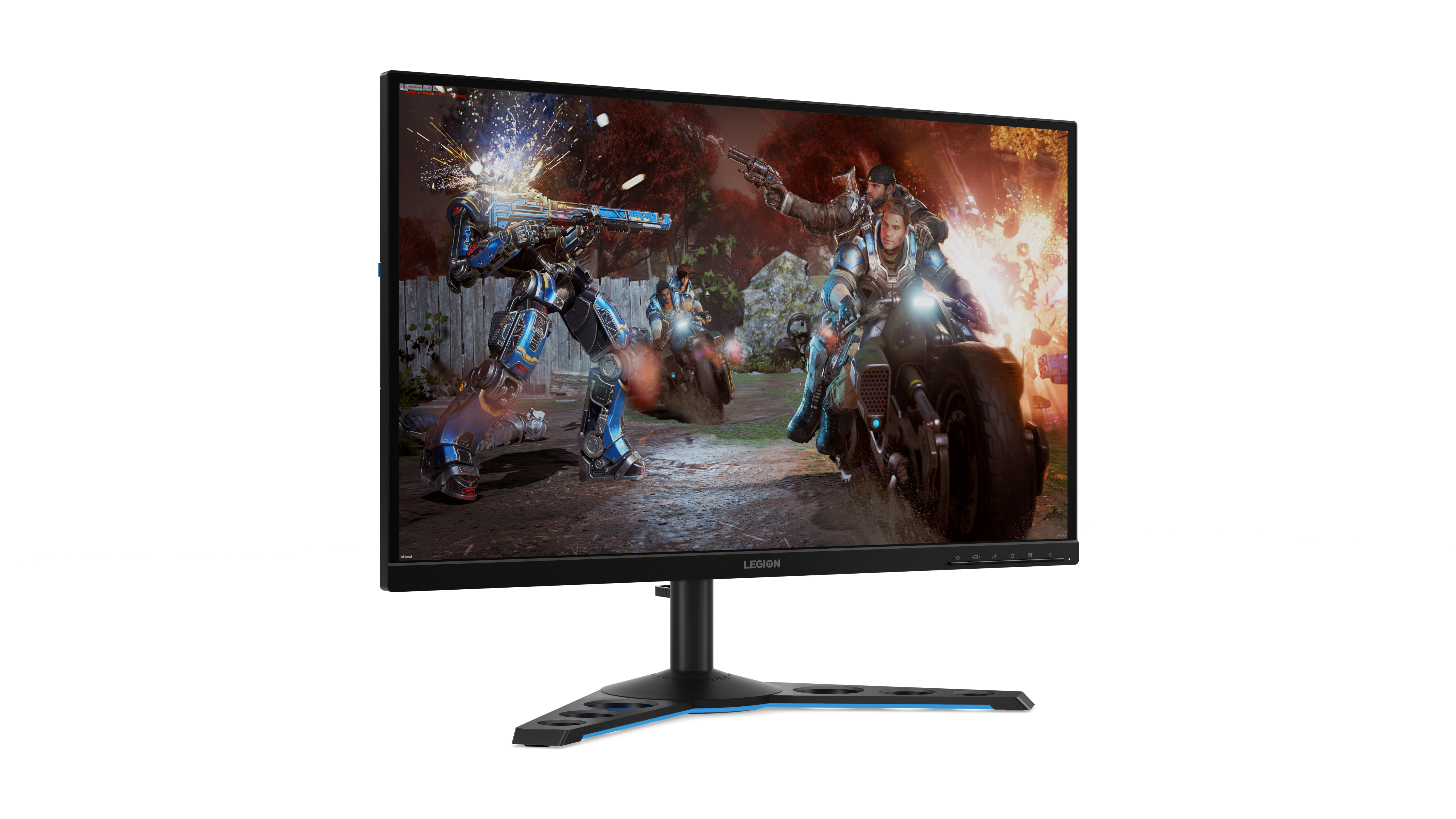 Ein Gaming-Monitor zeigt eine Spielszene mit Charakteren, Explosionen und Fahrzeugen.