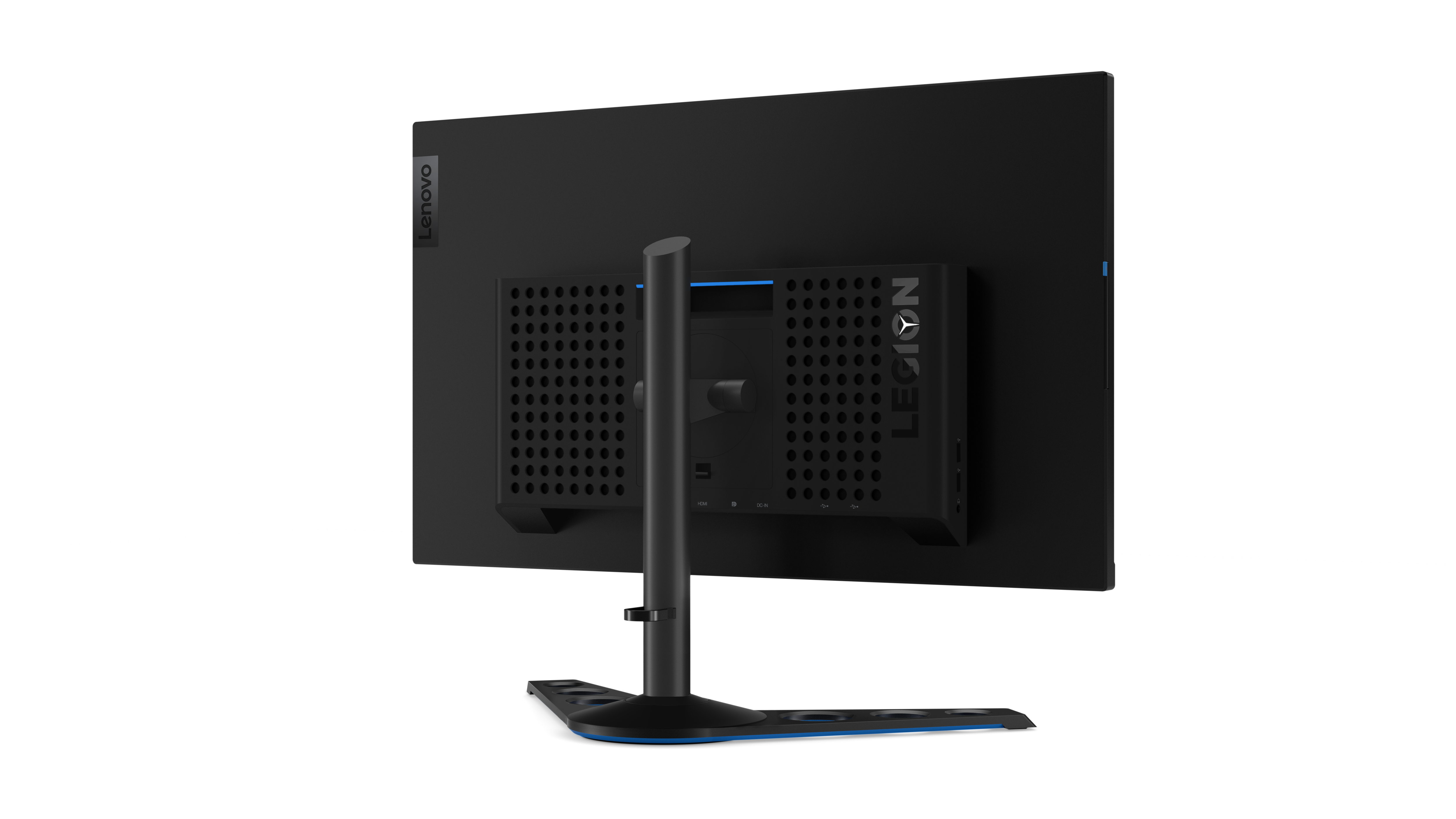Ein schwarzer Lenovo Legion Monitor, Rückseite, mit Ständer und Logo sichtbar.