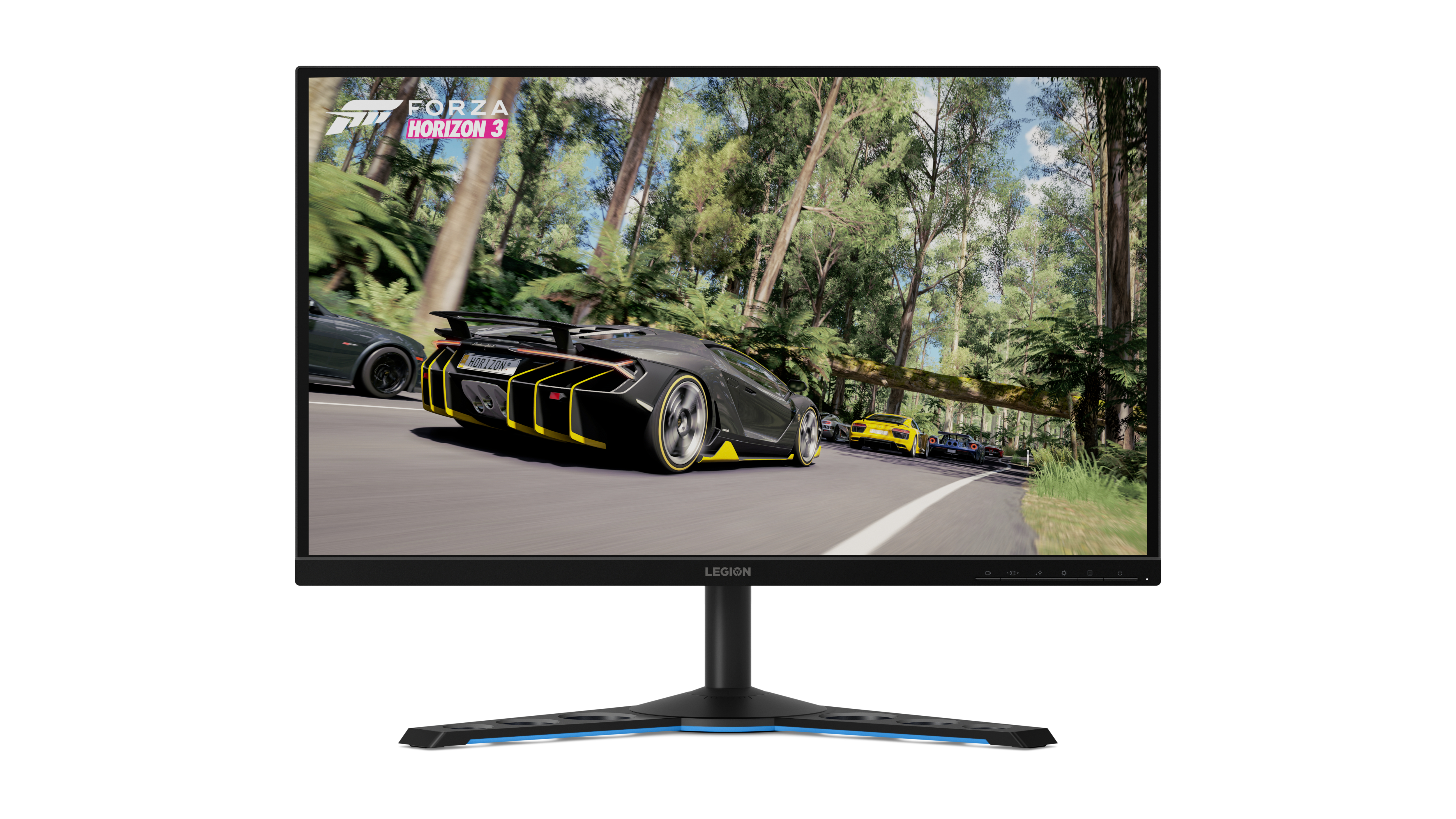 Computermonitor mit einem Autorennen-Spiel mit Waldhintergrund.