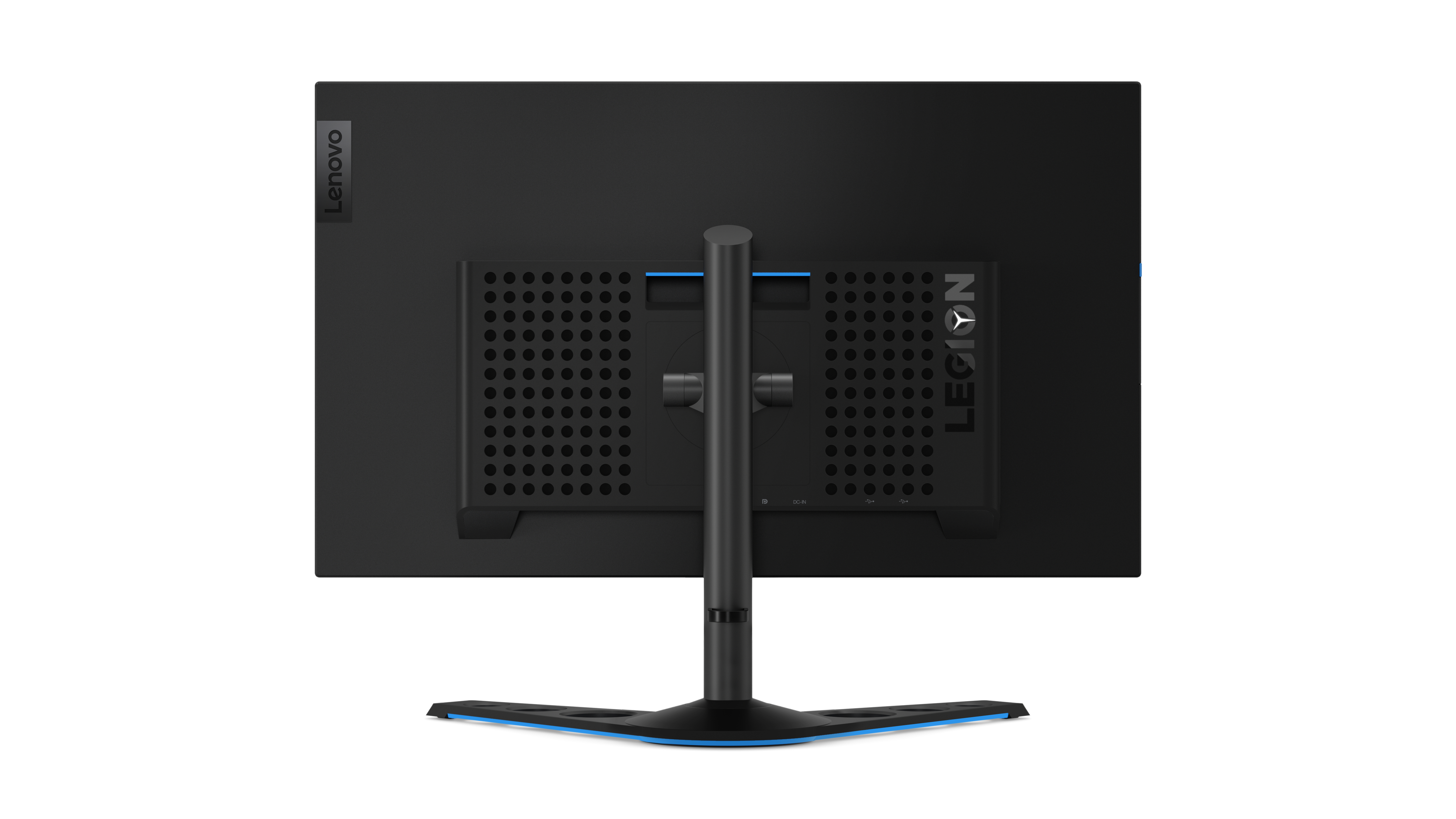 Schwarzer Lenovo Gaming-Monitor, Rückansicht.