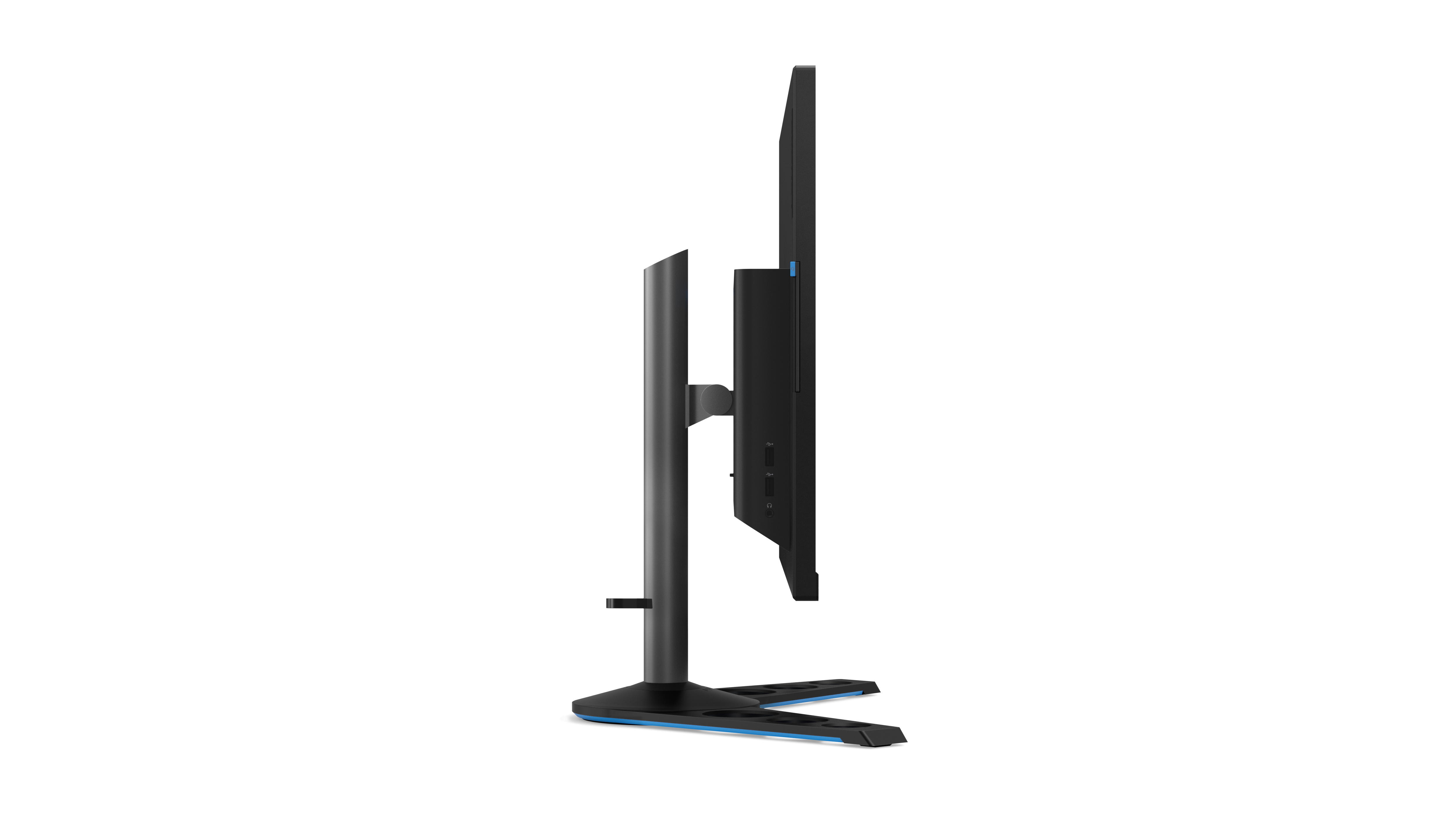 Seitenansicht eines schwarzen Computermonitors auf weißem Hintergrund.