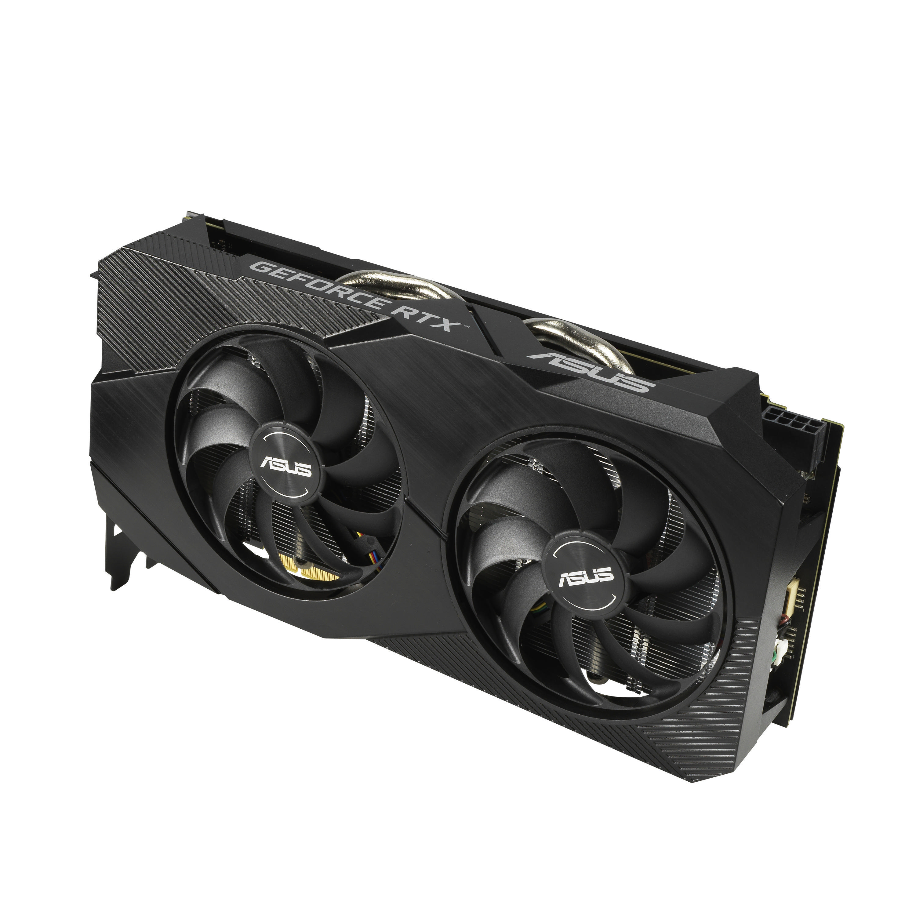 Schwarze ASUS GeForce RTX Grafikkarte mit zwei Lüftern, schräge Ansicht.