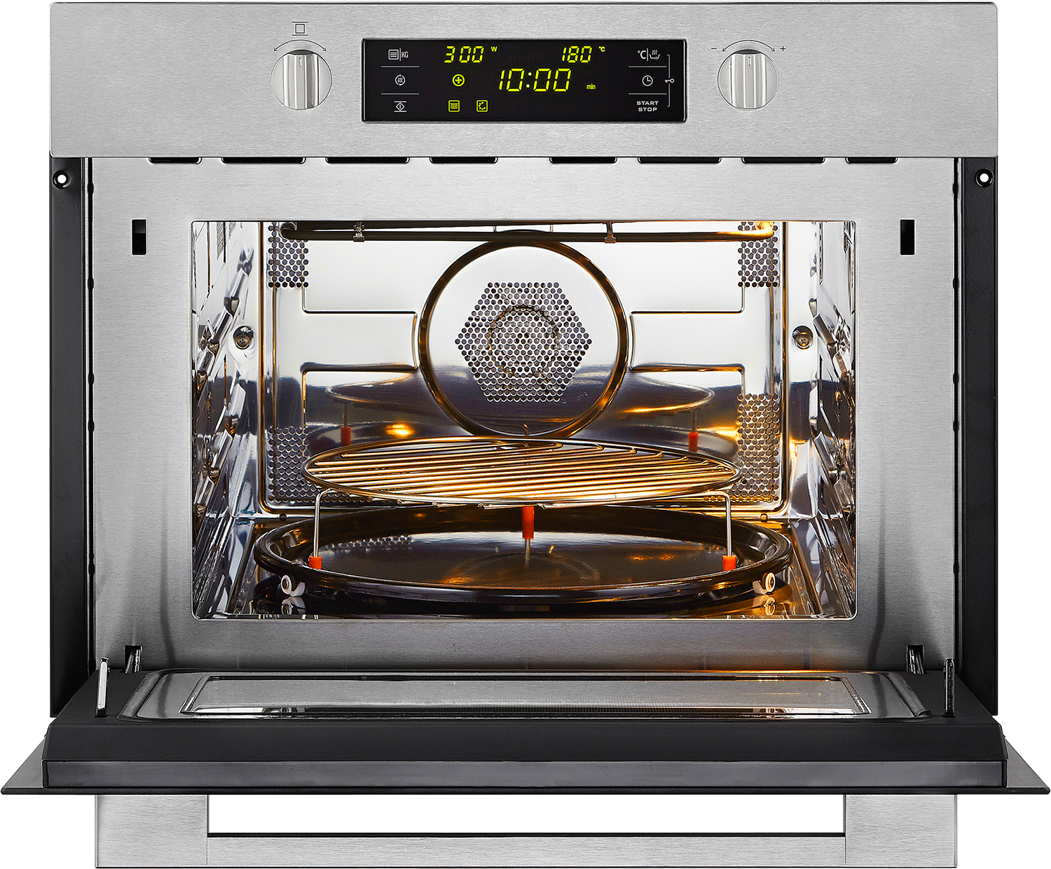 A microwave oven with the door open, revealing the interior and controls.