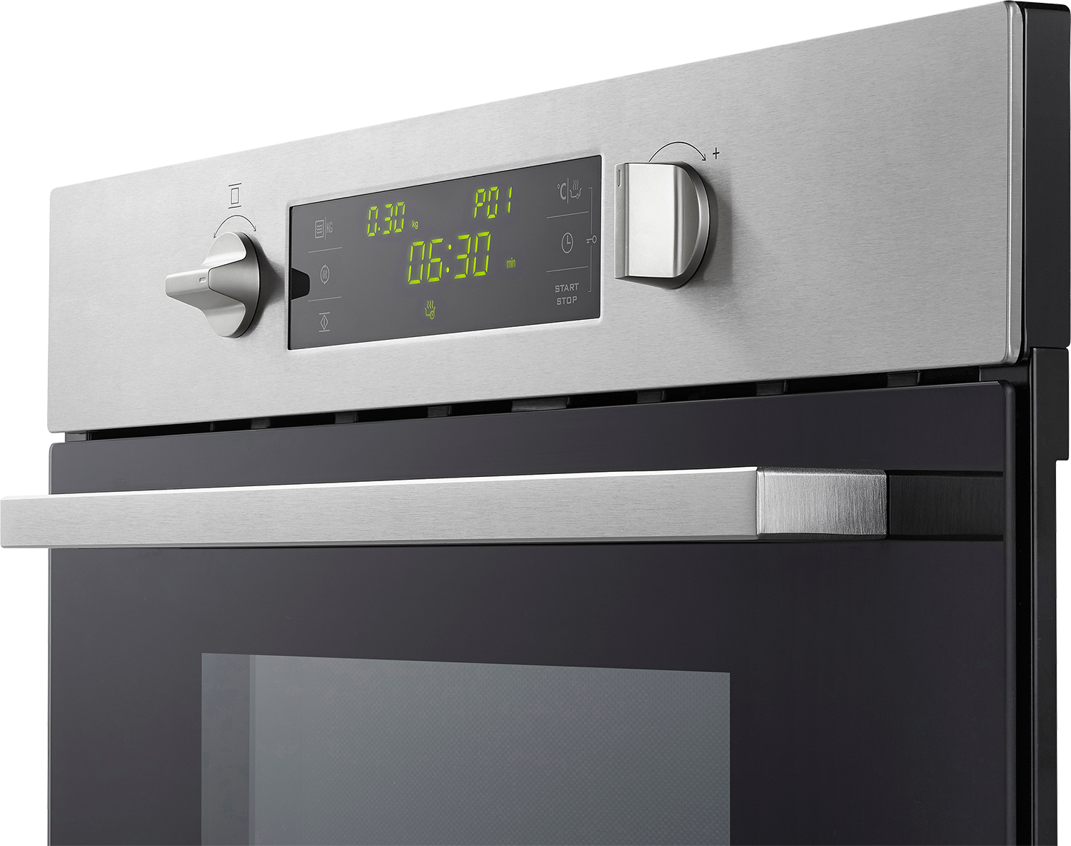 Close-up of a stainless steel oven control panel with a digital display and knobs.