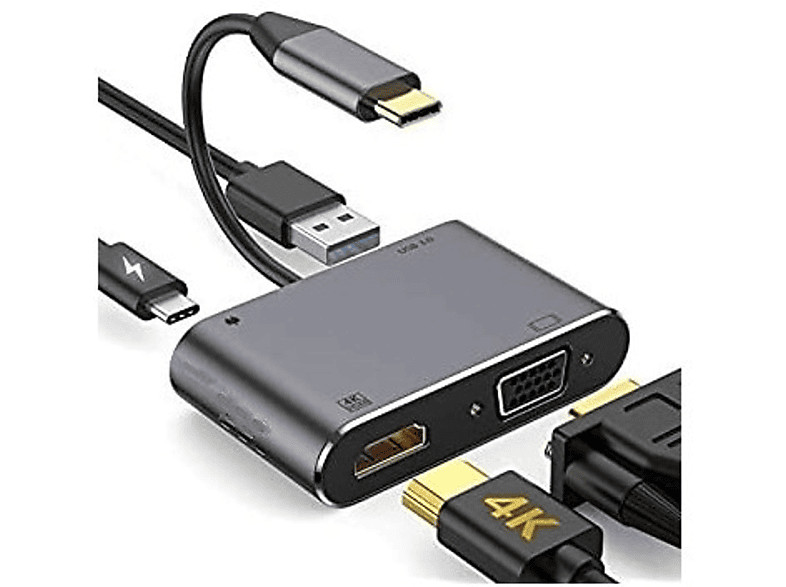 DAYTONA FC02 4 in 1 USB C to HUB PD HDMI VGA USB Adaptör Gri