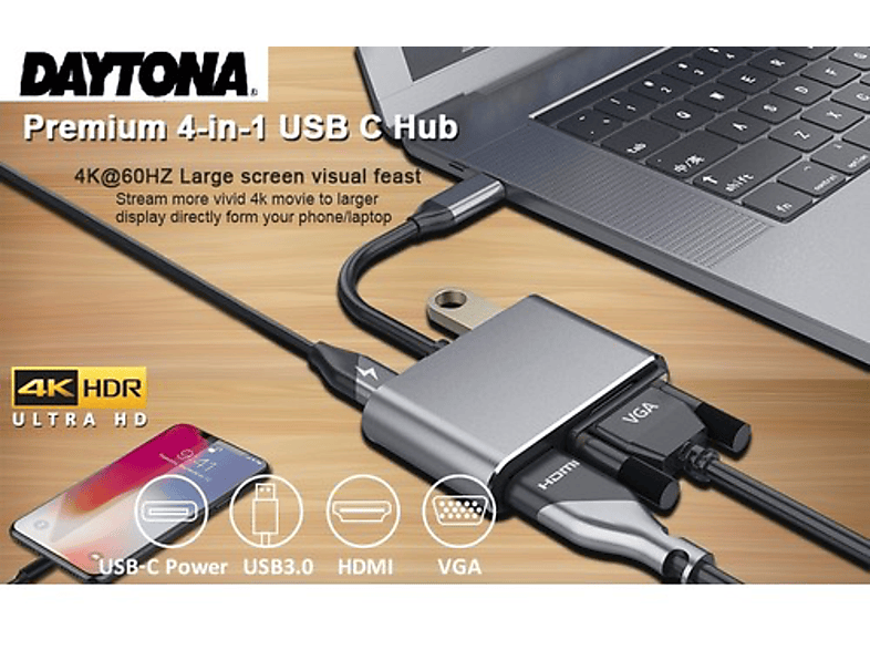 DAYTONA FC02 4 in 1 USB C to HUB PD HDMI VGA USB Adaptör Gri_1